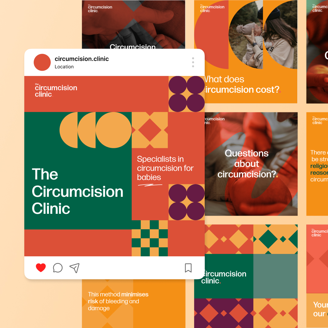 Reel Unlimited 1 A vibrant collage promotes a circumcision clinic, featuring bold geometric patterns and text: The Circumcision Clinic and Specialists in circumcision for babies. With warm hues and questions about the procedure, its designed with unlimited graphic design creativity.